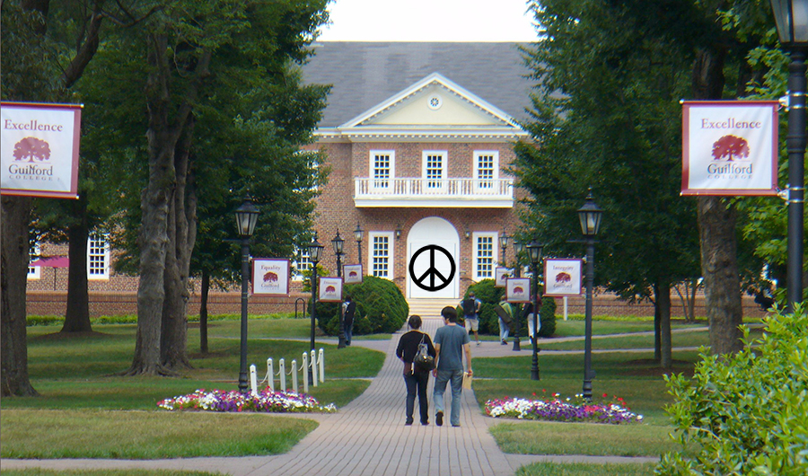 Guilford College with a peace sign